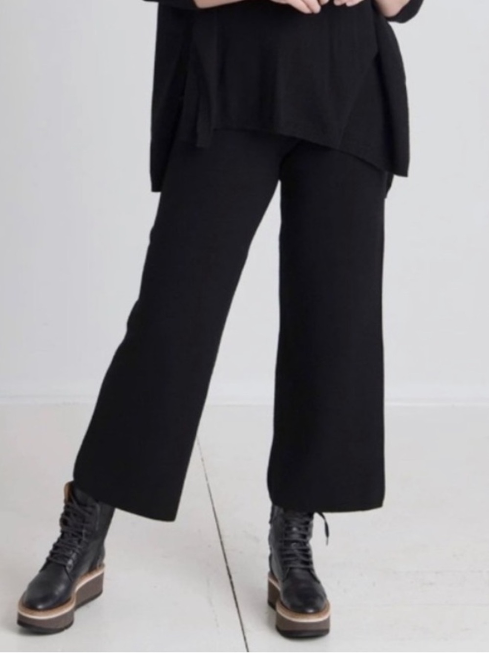 Mersea Anywear Drawstring Knit Palazzo Crop Pants High Rise Wide-Leg Black sz M